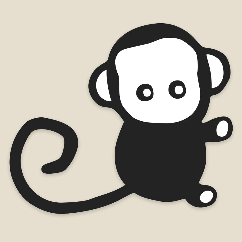 Our Sweet Maria's Espresso Monkey mascot, a small, black, hand-drawn monkey with a long curling tail.