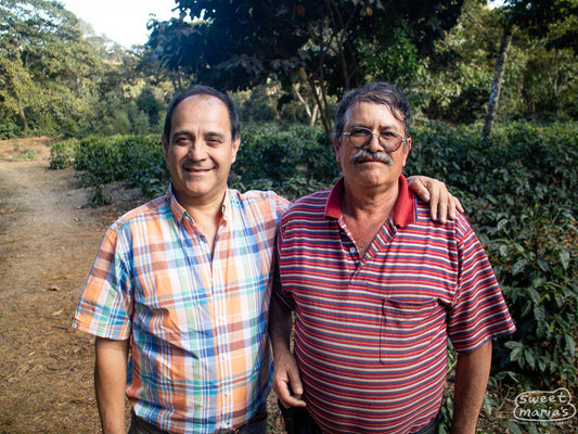 That's Chepe on the right, at his coffee farm in San Martin Jilotepeque, during a visit last February. The coffee in the highest part of the farm was still ripening when we were there. Chimaltenango, Guatemala.