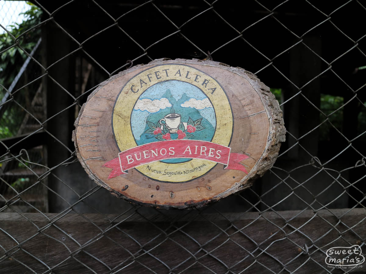 A wooden sign reads "Cafetalera Buenos Aires" as you enter the farm.
